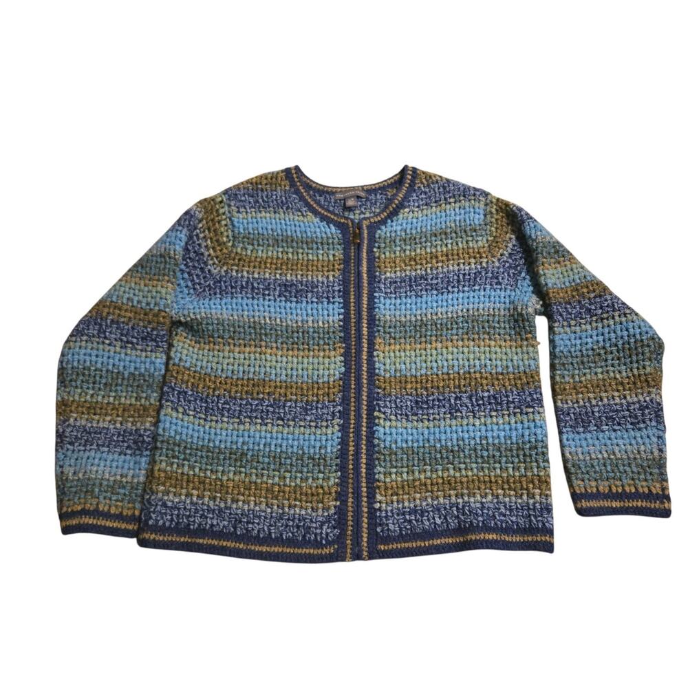 Northern Isles Women Navy Blue Teal 100% Wool Zip Up Cardigan Sweater Large